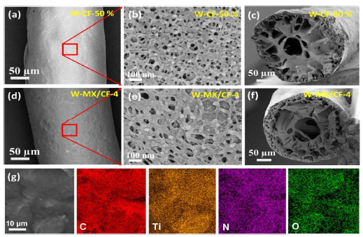 Surface and cross-sectional FE-SEM images of (a-c) W-CF-50% and (d-f) W-MX/CF-4 and (g) EDS elemental color mapping images of W-MX/CF-4