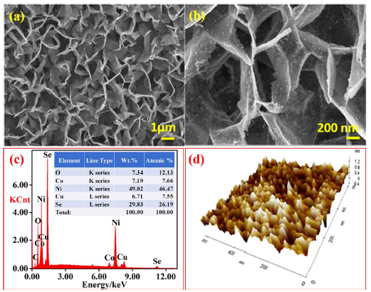 (a) Low and (b) high-resolution SEM im ages, (c) EDX analysis, and (d) 3D high-resoluti on AFM image of the hierarchical Cu0.5Co0.5Se2 NS arrays