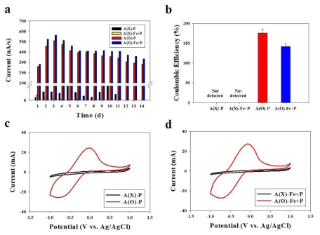 A(X, O)-P 및 A(X,O)–Fe+P 반응조에서의 전류발생량(a), 쿨롱효율(b) 및 순환전압전류법(c-d) 결과