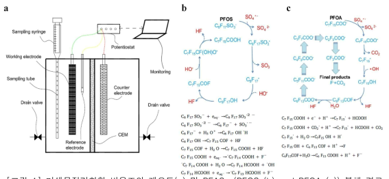 미생물전기화학 반응조의 개요도(a) 및 PFASs (PFOS (b) and PFOA (c)) 분해 경로