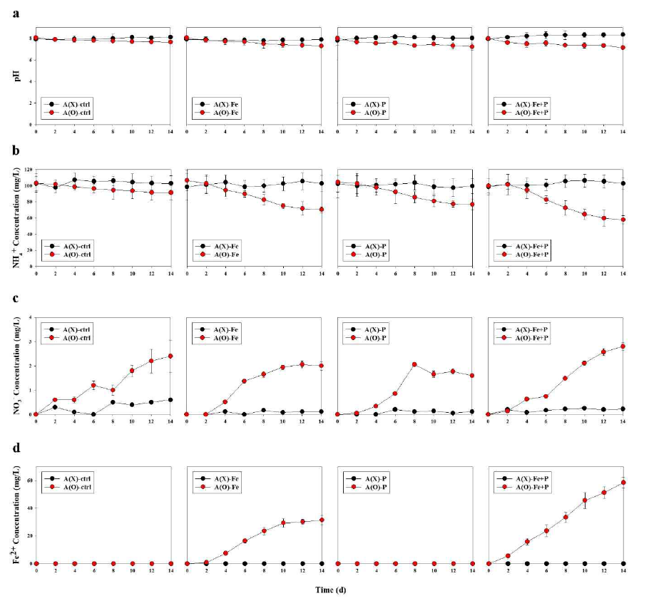모든 반응조에서 pH(a), NH4+ 농도(b), NO3- 농도(c), Fe2+ 농도(d)의 변화