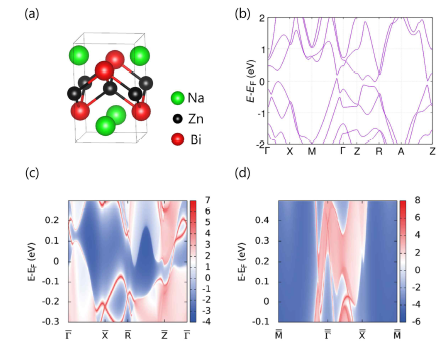 (a) 역방향 물질 탐색 알고리즘을 통해 확이한 P4/nmm-NaZnBi의 가장 안정한 결정 구조. (b) 제일원리 계산을 통해 얻은 벌크 NaZnBi의 띠 구조, 그리고 (c) (100)과 (d) (001) 표면 띠 구조