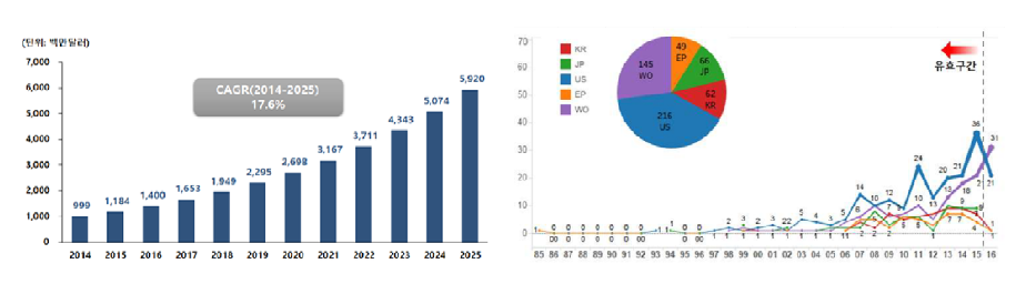 (좌) 글로벌 단일세포 분석 시장현황 및 전망[3]. 생명공학정책연구센터, 2019. (우) 주요 시장국 연도별 단일 세포 분석 관련 특허 출원 동향 및 점유율[2]. 한국보건산업진흥원, 2017