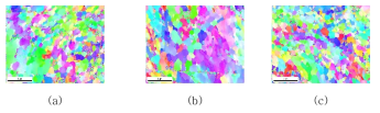 EBSD inverse pole figure (IPF) map and the grain size distribution of the sintered alloys produced by (a) AROS, (b) B1 and (c) B2 methods