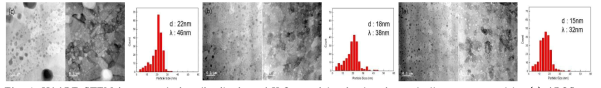 HAADF STEM image and size distribution of Y2O3 particles in the sintered alloys processed by (a) AROS, (b) SCS, and (c) MA methods