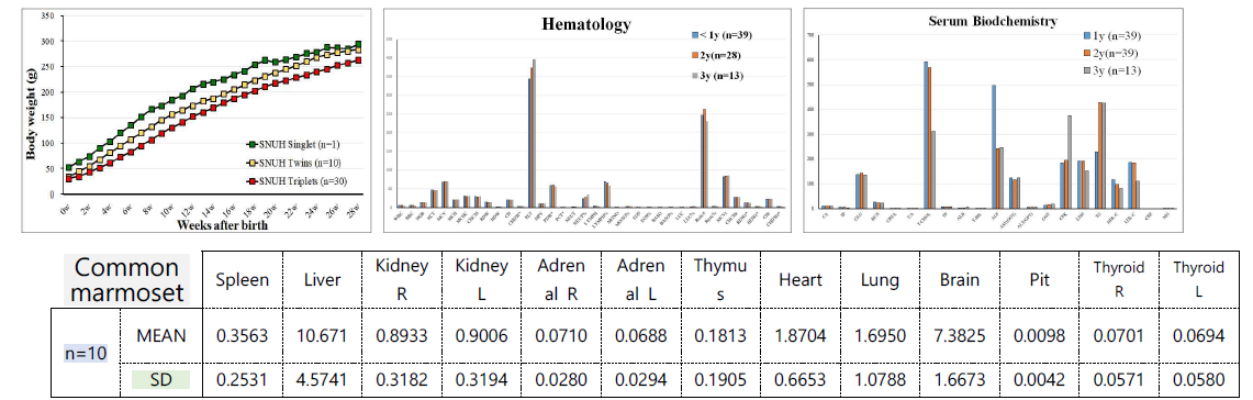 정상 마모셋의 연령별 기본표현형 분석 – 체중, 혈액, 혈청생화학, 장기무게