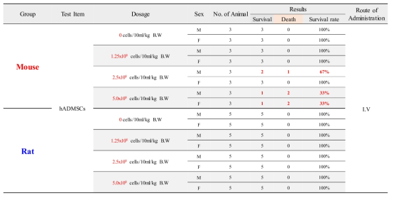 줄기세포의 투여 후 마우스와 랫드의 생존률 비교