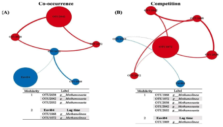 OTU 기반 서로다른 접종원 및 GAC의 미생물 군집 간 (A) Co-occurrence, (B) Competition