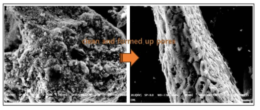 일반 GAC표면(좌)과 6M KOH로 세척된 GAC표면(우)의 SEM image