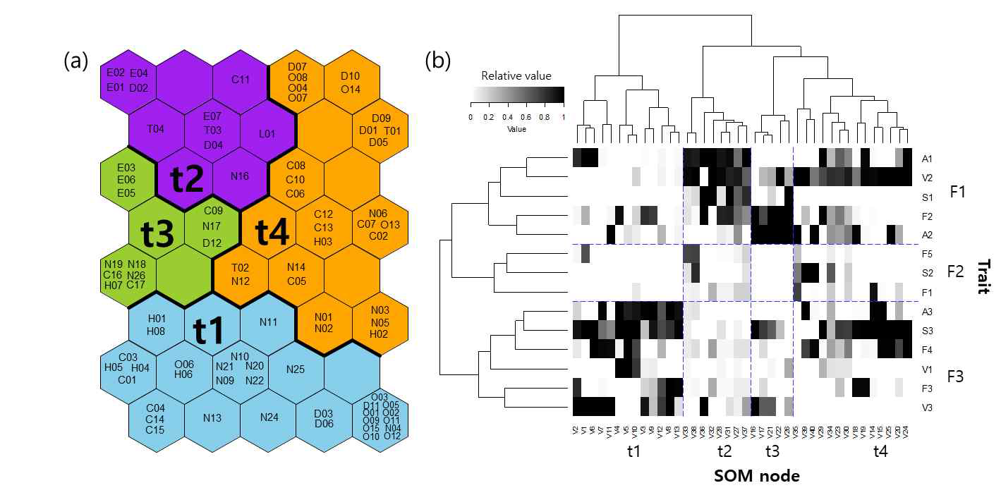 기능적 특성 패턴에 따른 자기조직화지도(SOM) 분 석 및 Two-way cluster analysis 결과