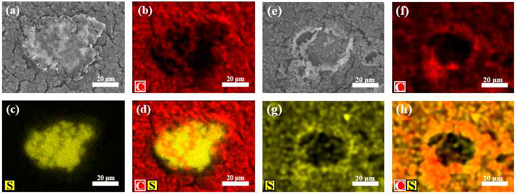 SEM and EDS mapping images of the as-prepared S/DMP500/PVDF cathode: (a) SEM image, (b) carbon mapping, (c) sulfur mapping, (d) combined carbon and sulfur. SEM and EDS mapping images after discharging to 2.15 V: (a) SEM image, (b) carbon mapping, (c) sulfur mapping, (d) combined carbon and sulfur