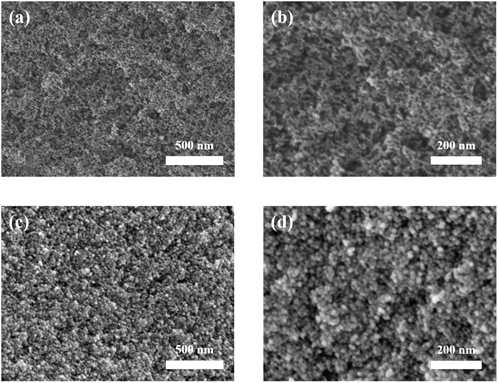 FE-SEM images of DMP500 and silica nano-template. Images (a) and (b) show DMP500 at 100 k and 200 k magnifications, respectively, while images (c) and (d) display the silica nano-template at the same magnifications