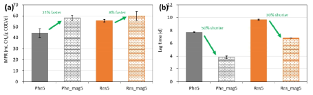 마그네타이트 투입 여부에 따른 페놀, 레조시놀 혐기성 소화: (a)메탄생산속도, (b)지연시간