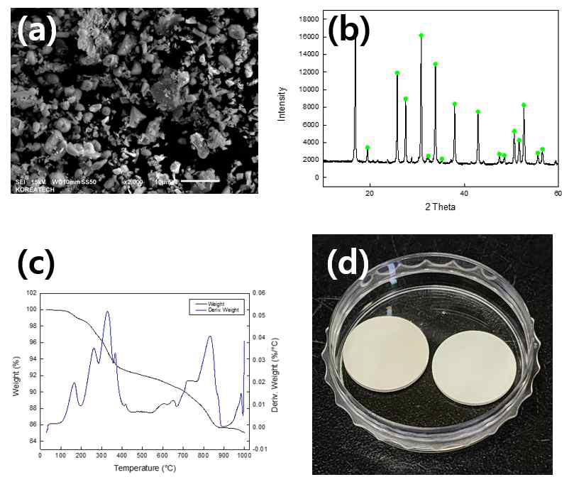 LLZO 분말의 (a) SEM 사진, (b) XRD profile, (c) TGA profile, (d) LLZO 소결체