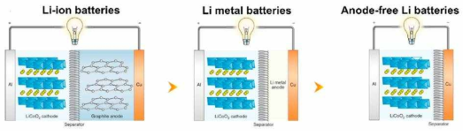 Li-ion 전지, Li metal 전지, 무음극 전지 구조 [8]