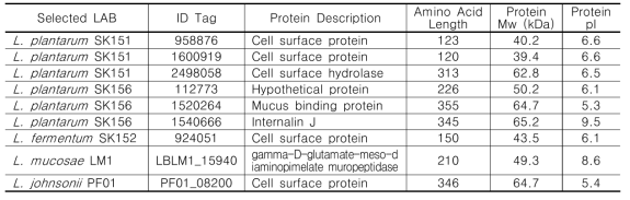 Selected cell-wall anchored proteins from selected Lactobacillus spp