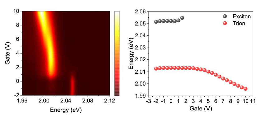 게이트 바이어스 인가에 따른 엑시톤, 트리온 전이를 보여주는 PL 스펙트럼 맵 (좌) 그에 따른 엑시톤 및 트리온 상태의 에너지 준위 변화 (우)