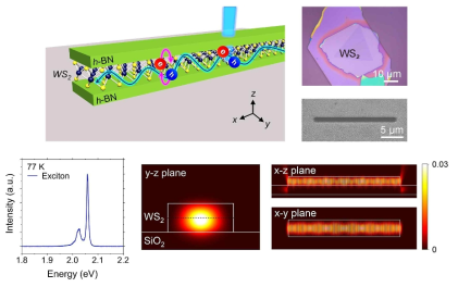 h-BN/WS2/h-BN 도파관 공진기 모식도 및 h-BN/WS2/h-BN 양자우물 구조 광학현미경 이미지, 양자우물 구조를 에칭함으로써 제작된 h-BN/WS2/h-BN 도파관 공진기의 전자현미경 이미지. h-BN/WS2/h-BN 양자우물 구조에서 측정된 엑시톤 발광 스펙트럼 및 전기장 세기 분포