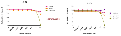 (왼) A-172교모세포종에 EGFR 표적치료제 3가지를 확인. (오) cetuximab과 EGFR 표적치료제의 병용효과 확인