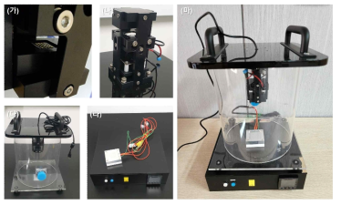 제작된 모듈형 센서 시제품. (가) 센서 모듈, (나) 센서가 부착된 카메라 모듈, (다) 챔버 모듈, (라) 가열기 및 컨트롤 모듈, (마) 각 모듈 조립 상태