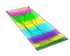 Colorized voxel-based earthwork design model showing simulation information