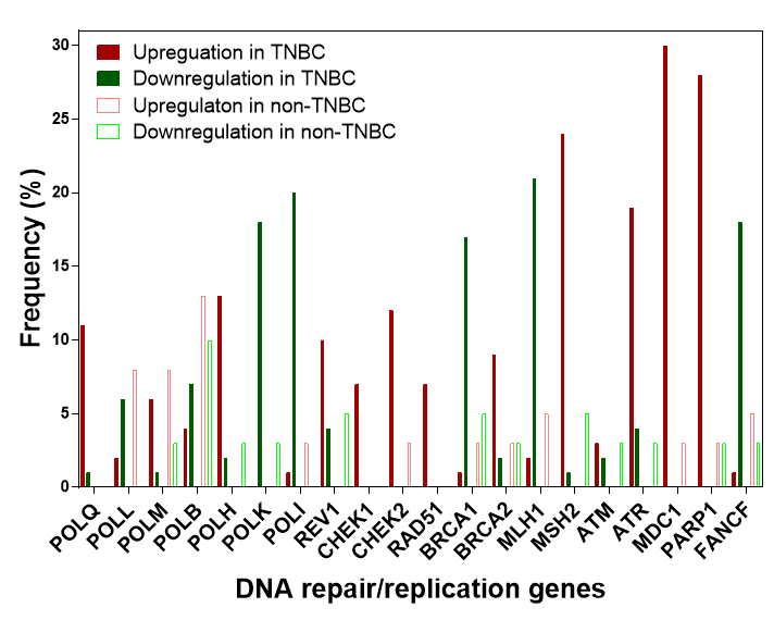 삼중음성(TNBC) 및 타 유방암에서 DNA 복구/복제 유전자들의 발현 변화 빈도 비교