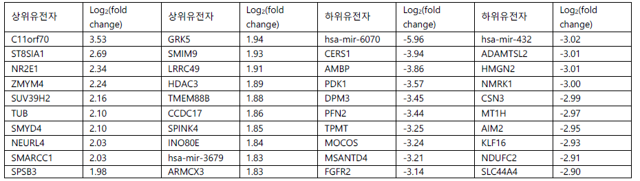 인체 전장 유전체 수준(Genome-wide)의 CRISPR 라이브러리 녹아웃 TNBC세포에서 전리방사선 조사 후 생존 세포들에서 발견된 상하위 20종의 gRNA 표적 유전자