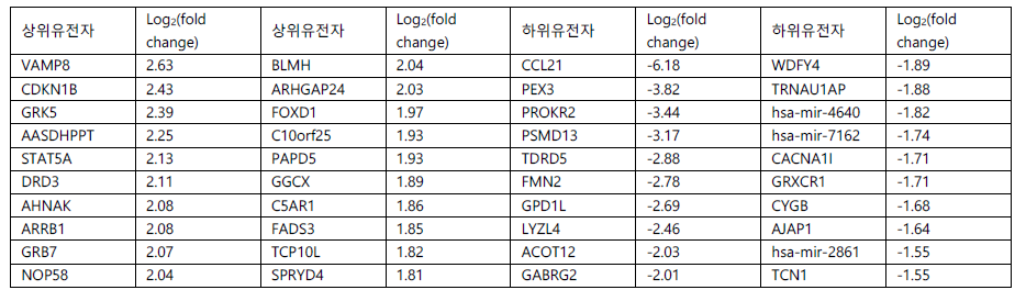 인체 전장 유전체 수준(Genome-wide)의 CRISPR 라이브러리 녹아웃 TNBC세포에서 BCNU 처리 후 생존 세포들에서 발견된 상하위 20종의 gRNA 표적 유전자