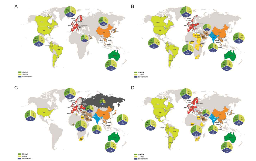 The global distributions of carbapenemases (KPC, NDM-1, and OXA-48) and MCR-1. (A) The global distribution of class A carbapenemase (KPC) are shown in the world map. (B) The global distribution of class B carbapenemase (NDM) are shown in the world map. (C) The global distribution of class D carbapenemase (OXA-48) are shown in the world map. (D) The global distribution of MCR-1 are shown in the world map. Additional data (update) are included in parentheses