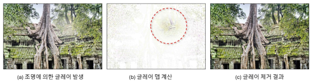 (a) 디스플레이에 표시된 정글 사진을 촬영한 예. 외부 조명에 의한 글레어 노이즈 발생. (b) 원본이미지와 촬영된 이미지의 차이를 계산하여 글레어 맵을 생성한 결과. (c) 본 연구에서 개발한 방법을 적용하여 글레어 노이즈를 제거한 결과