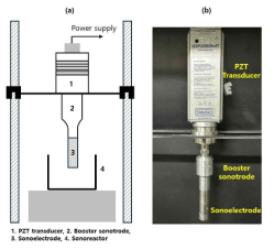 (a) 초음파 인가 시스템 모식도, (b) 구축된 초음파 인가장비