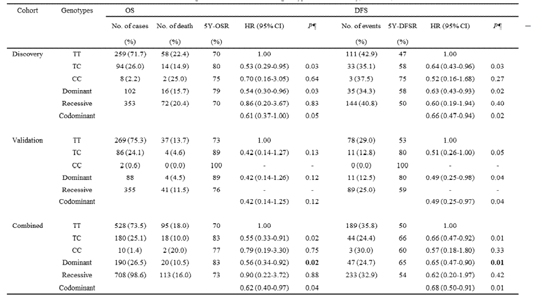 Overall survival and disease free survival according to BTRC rs1088***T>C genotype in the three cohorts