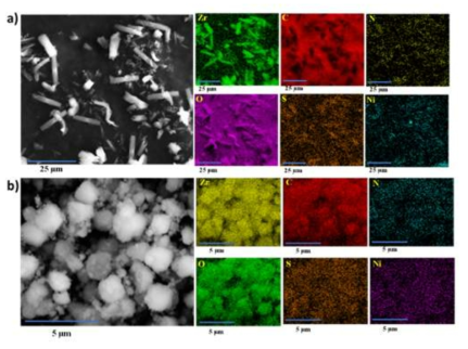 SEM images and corresponding EDS elemental mapping images of a) 1′and b) 2′