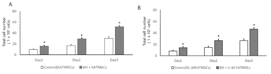 BH-hydrogel에 의한 hATMSCs 및 IL-10 hATMSCs의 증식능 평가
