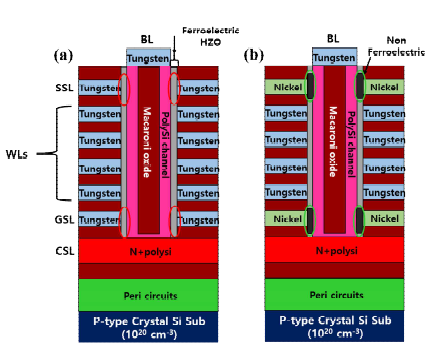 제안된 신구조 2 설명, (a) 기존 3D NAND flash 구조를 사용한 강유전체 메모리, (b) 본 연구의 연구성과를 활용한 강유전체 메모리 기반 3D NAND flash