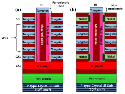 제안된 신구조 2 설명, (a) 기존 3D NAND flash 구조를 사용한 강유전체 메모리, (b) 본 연구의 연구성과를 활용한 강유전체 메모리 기반 3D NAND flash