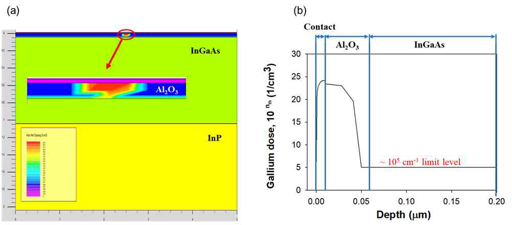 (a) Deckbuild Code를 통하여 구현된 갈륨이온 주입 후의 Al2O3 Matrix 안의 2-D 갈륨농도 Contour (b) 소자 구조 깊이에 따른 갈륨 농도 그래프
