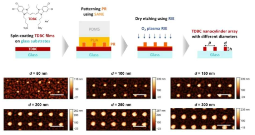 유기 박막으로부터 나노안테나 배열을 만드는 과정 모식도와 실제 만들어진 나노 구조