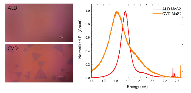 ALD와 CVD로 성장시킨 MoS2의 광학 현미경 이미지와 PL 스펙트럼 비교