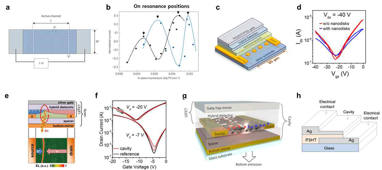 다양한 빛-물질 조합과 구조에서 강한 결합으로 형성된 엑시톤-폴라리톤이 전하 수송에 끼치는 영향에 대한 기존 연구. (a,b) 플라즈모닉 나노홀 구조/n형 유기 반도체 [16], (c,d) 표면 격자 공명/양극성 유기 반도체 [17], (e,f) 파브리-페로 공진기 공명/양극성 유기 반도체 [18], (g) 파브리-페로 공진기 공명/탄소 나노 튜브 [19], (h) 파브리-페로 공진기 공명/p형 유기 반도체 고분자 (수직 MIM 구조) [20]