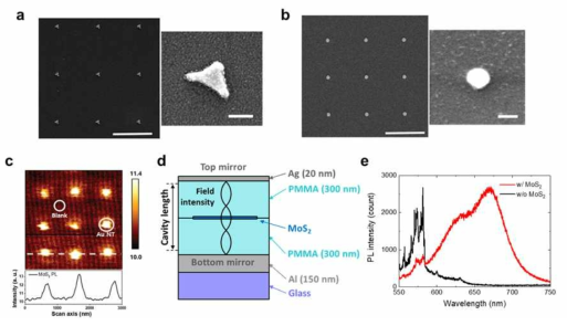 NTIL 방식으로 제작된 (a) 나노트라이앵글 배열과 (b) 나노디스크 배열의 SEM 이미지. 스케일 바는 왼쪽 그림에서는 1 μm, 오른쪽 그림에서는 100 nm를 나타낸다. (c) 나노트라이앵글 배열 위에 전사된 MoS2의 엑시톤 PL 매핑 이미지. (d) 파브리-페로 공진기와 결합된 MoS2 모식도. (e) 공진기 내에 MoS2가 있을 때와 없을 때에 따른 PL 스펙트럼