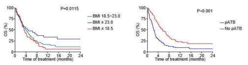 위암환자에서 면역관문 억제제와 BMI 및 항생제 치료 여부와의 상관관계