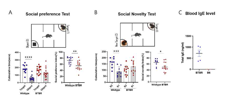 BTBR 마우스의 사회성 관련 행동 및 IgE level *, p<0.05; **, p<0.01; ***, p<0.001