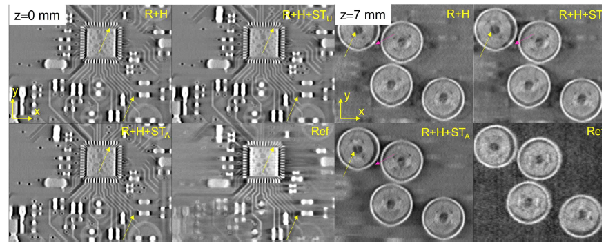 기존 FBP 방법과 본 연구에서 제안하는 선형 필터인 STU, STA로 α=30˚ 에 대해 PCB 샘플을 재구성한 결과 영상의 axial 뷰로 ref는 α=180˚ 결과 영상