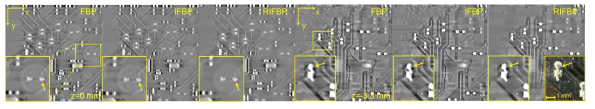 α=45˚ 스캔 범위에 대한 PCB 샘플의 z=0, -3.3 mm 슬라이스 재구성 영상 결과