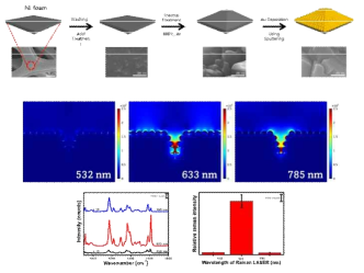 Gold Nanostructures @ Ni Foam에 대한 모식도, SEM 이미지, 이론 해석, Raman 스펙트럼