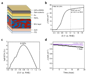PM6:Y6 유기 광산화극의 성능 및 안정성 측정. a, PM6:Y6 유기 광산화극 구조 모식도. PM6:Y6 유기 광산화극의 b, 성능, c, half-STH. d, AM 1.5 G(1 sun) 조사환경과 UV영역을 제거하여 조사한 환경에서 PM6:Y6 유기 광산화극 안정성 측정 결과
