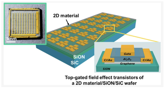 실리콘 카바이드(SiC) 웨이퍼 위에 웨이퍼 규모로 에피탁셜로 성장된 원자 두께의 단결정 절연층, 실리콘 옥시나이트라이드(SiON)를 기반으로 한 새로운 형태의 2차원 물질 필드 효과 트랜지스터(FET) 제안 모식도