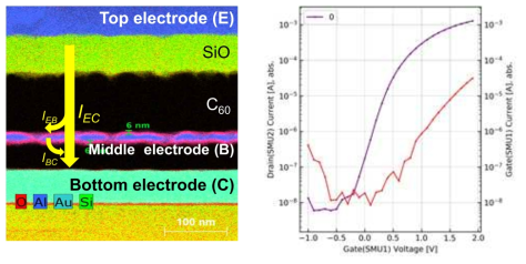 수직구조 유기 트랜지스터 단면 TEM 이미지 및 Emitter to Collector current (IEC) 흐름 (노란색 화살표)