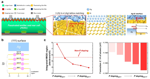 PERC 구조 기반 결정질 실리콘 태양전지 소자 구조에서의 실리콘 표면과 Ag 전극간 계면 구조. b, 실리콘 (111) 표면 구조에서 P 도핑 원소의 위치에 따른 Ag 전극간 계면 구조. c, P 도핑 원소 위치에 따른 MIGS와 계면 구조의 형성 에너지 결과